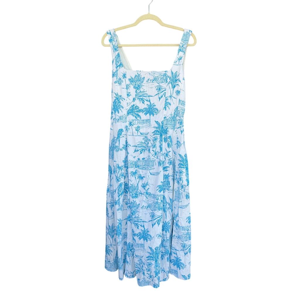 Joie Blue White Palm Tree Print Linen Blend Square Neck Midi Dress - Picture 2 of 9